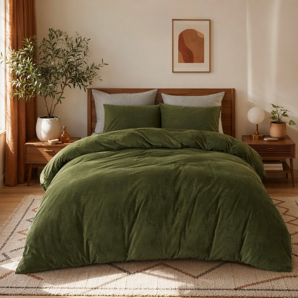 NEW West Elm Emerald Green Velvet Velour Queen / King Duvet Bedding & Sham Set