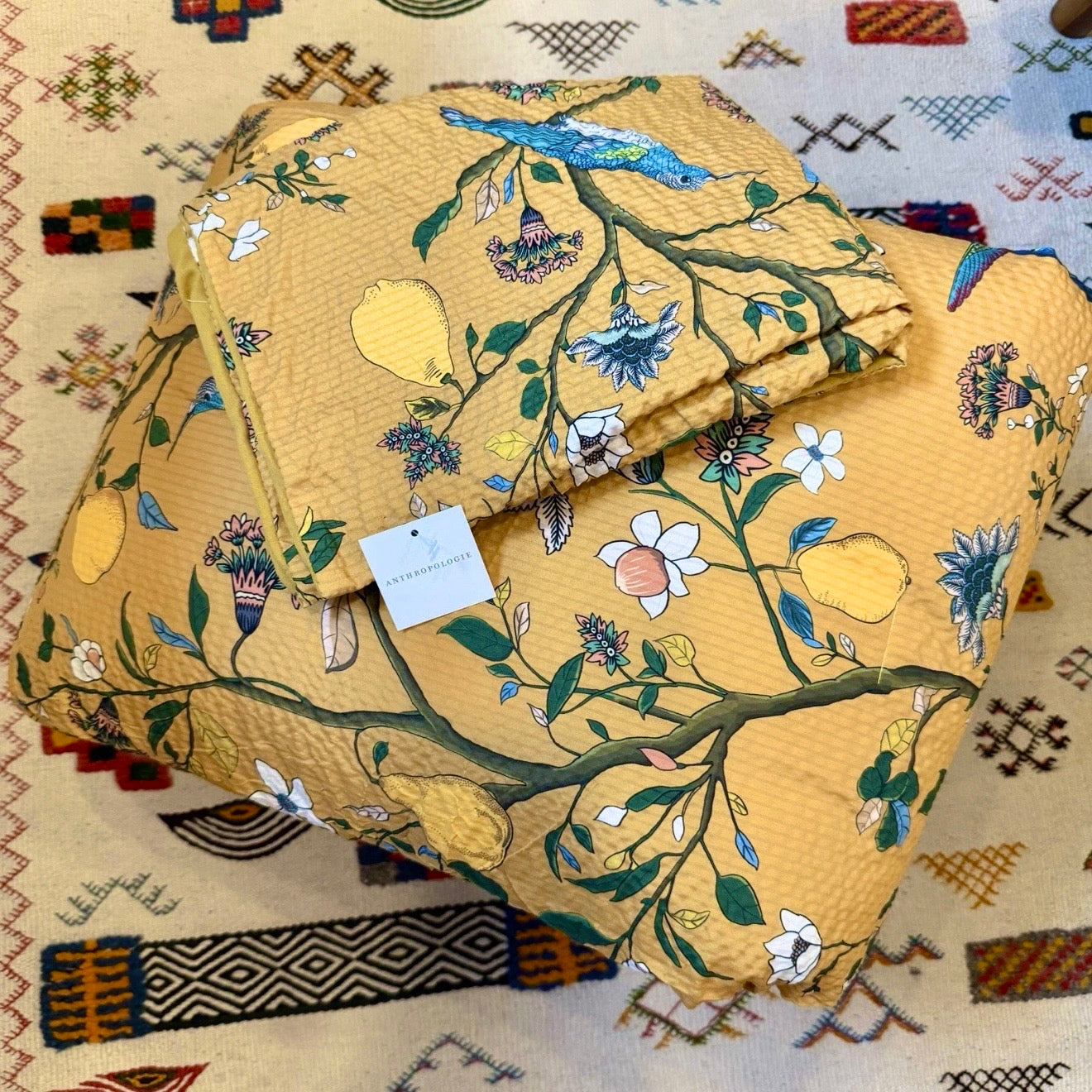 NEW Anthro Yellow Seersucker Floral Queen King Boho Comforter Bedding Sham Set