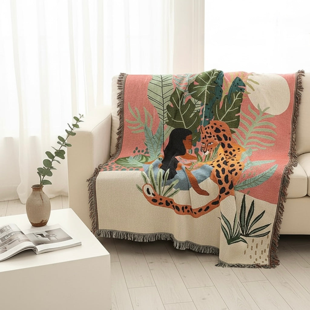 New Anthropologie Boho Jungle Tassel Throw Blanket Bedspread Quilt - 63" x 51"