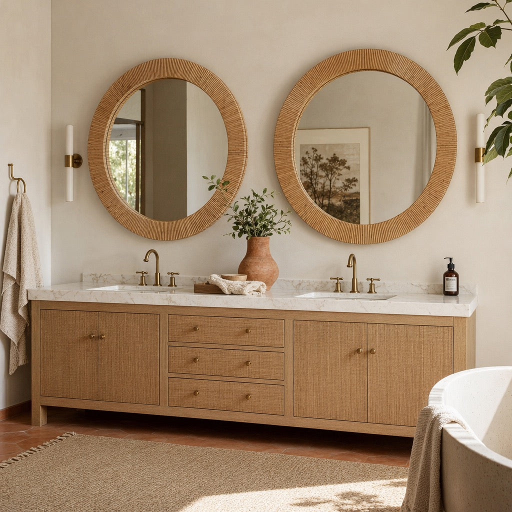 NEW West Elm Large Round Mirror Wicker Wood Boho Wall Hanging Decor - 24” Diam