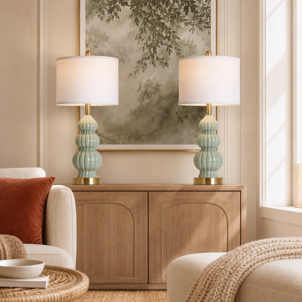 NEW Anthropologie Set / 2 Sage Green Gold Ceramic Boho Table Lamps Lighting 28"