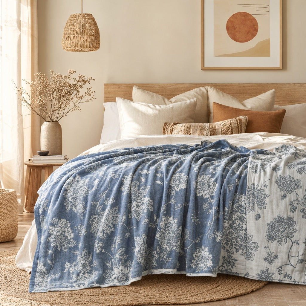NEW Anthropologie Blue Boho Floral Muslin Reversible Throw Blanket Quilt 60 x 80