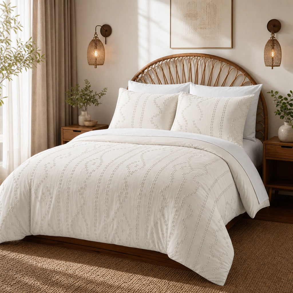 NEW Anthropologie Beige King / Queen Size Tufted Fringe Bedding Duvet Sham Set