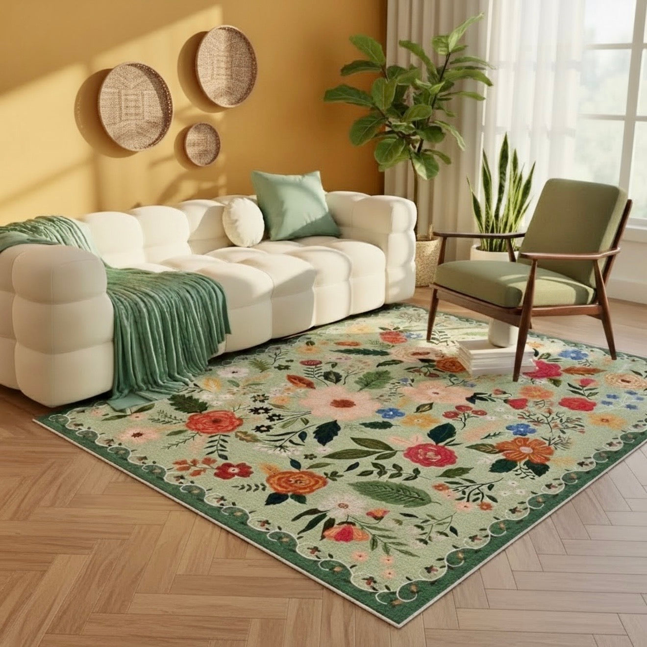 NEW Anthropologie Green Floral Boho Vintage Multicolor Area Rug Carpet 5' x 7'