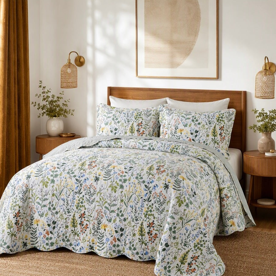 NEW Anthropologie Multicolor Floral Queen King Quilt Bedspread Bedding Sham Set
