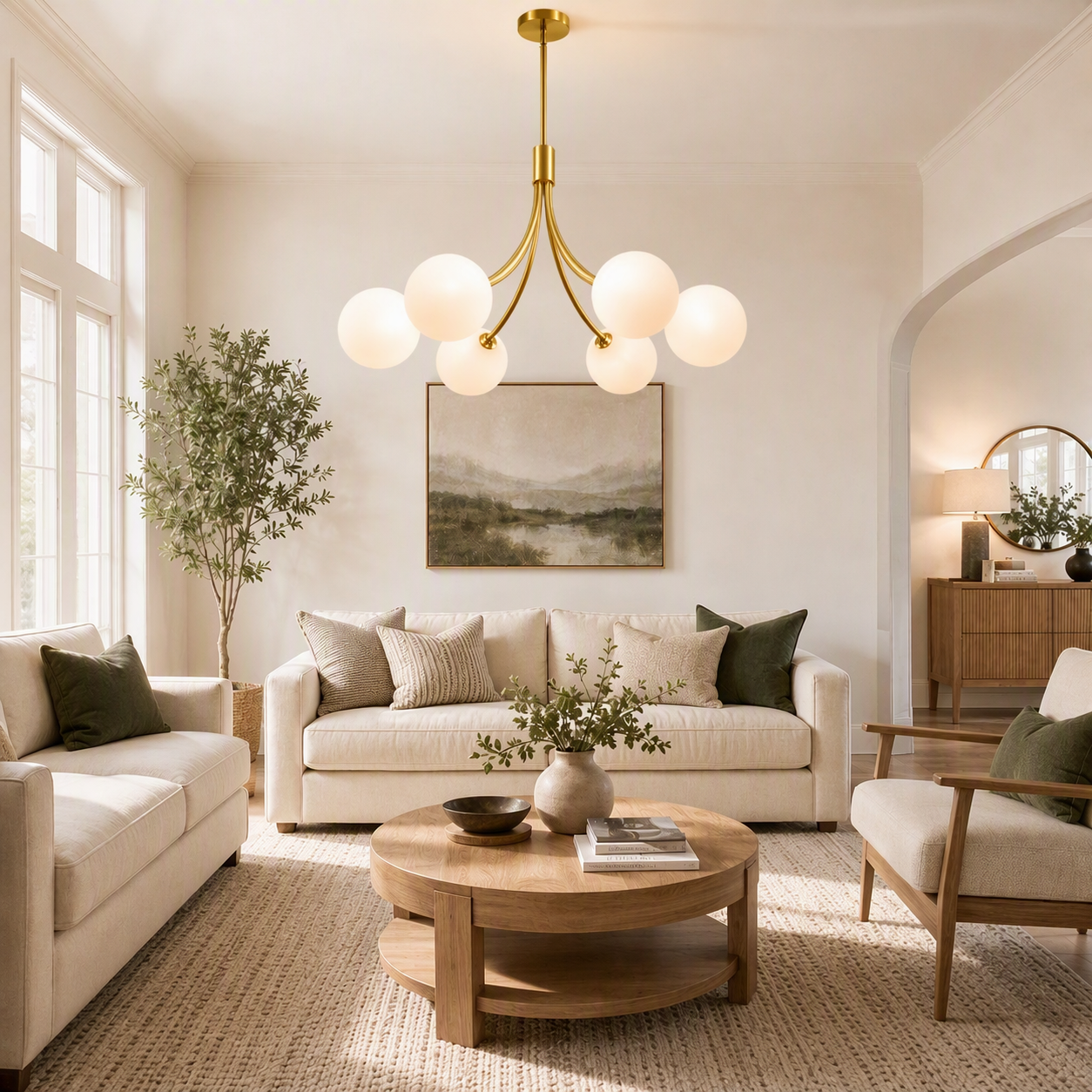 NEW West Elm XL 6-Light Gold & White Globe Boho Chandelier Hanging Light Fixture