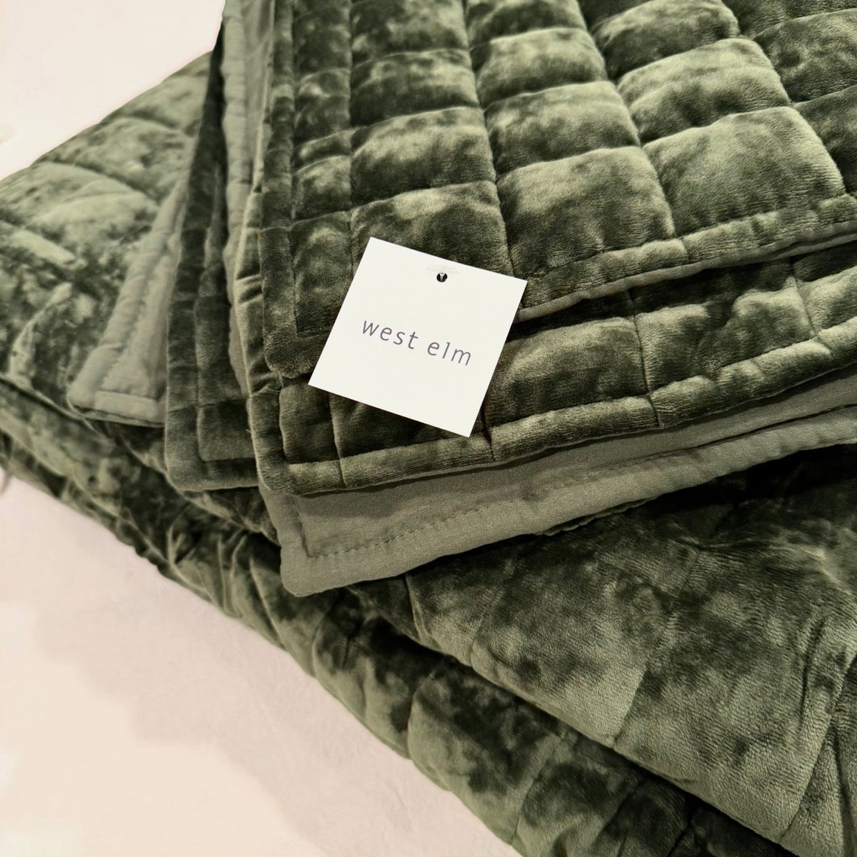 NEW West Elm Green Velvet Luxury Queen / King Size Bedding Comforter & Sham Set