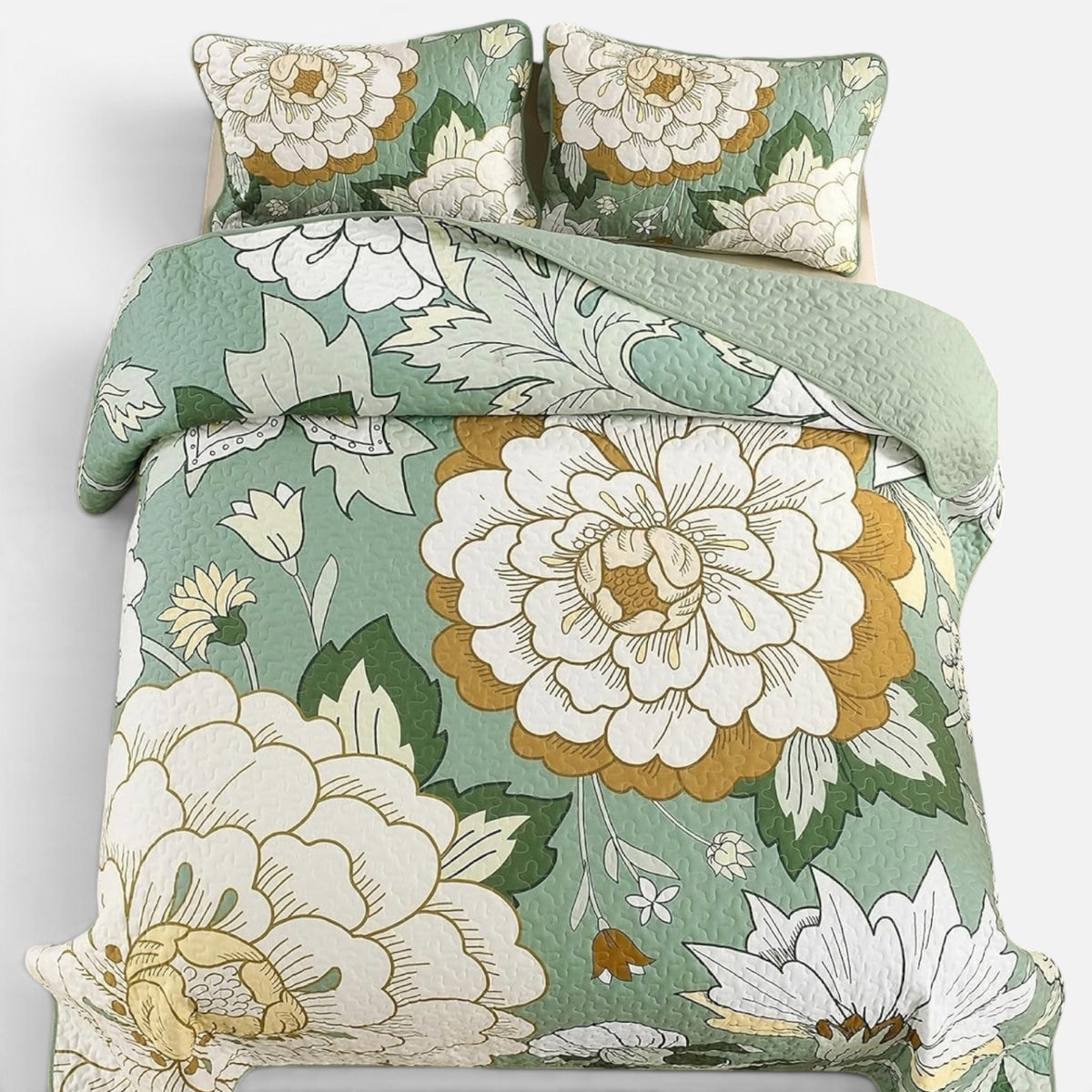 NEW Anthropologie Green & Yellow Floral Boho Queen / King Bedding Quilt Sham Set