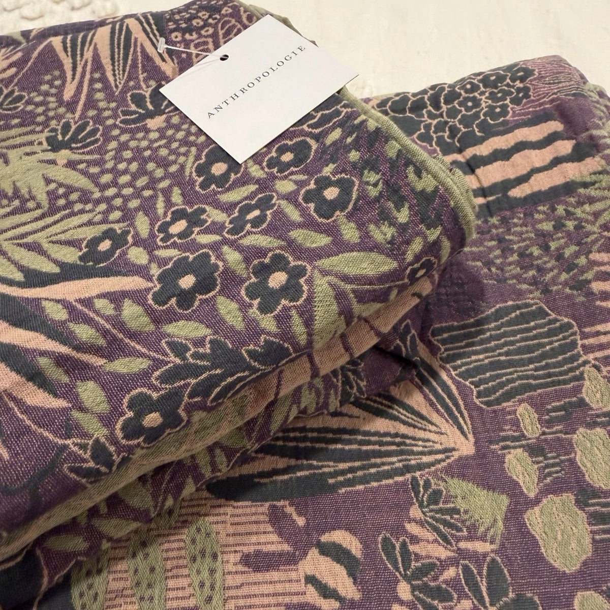 NEW Anthropologie Green Purple Floral Muslin Queen / King Bedding Duvet Sham Set