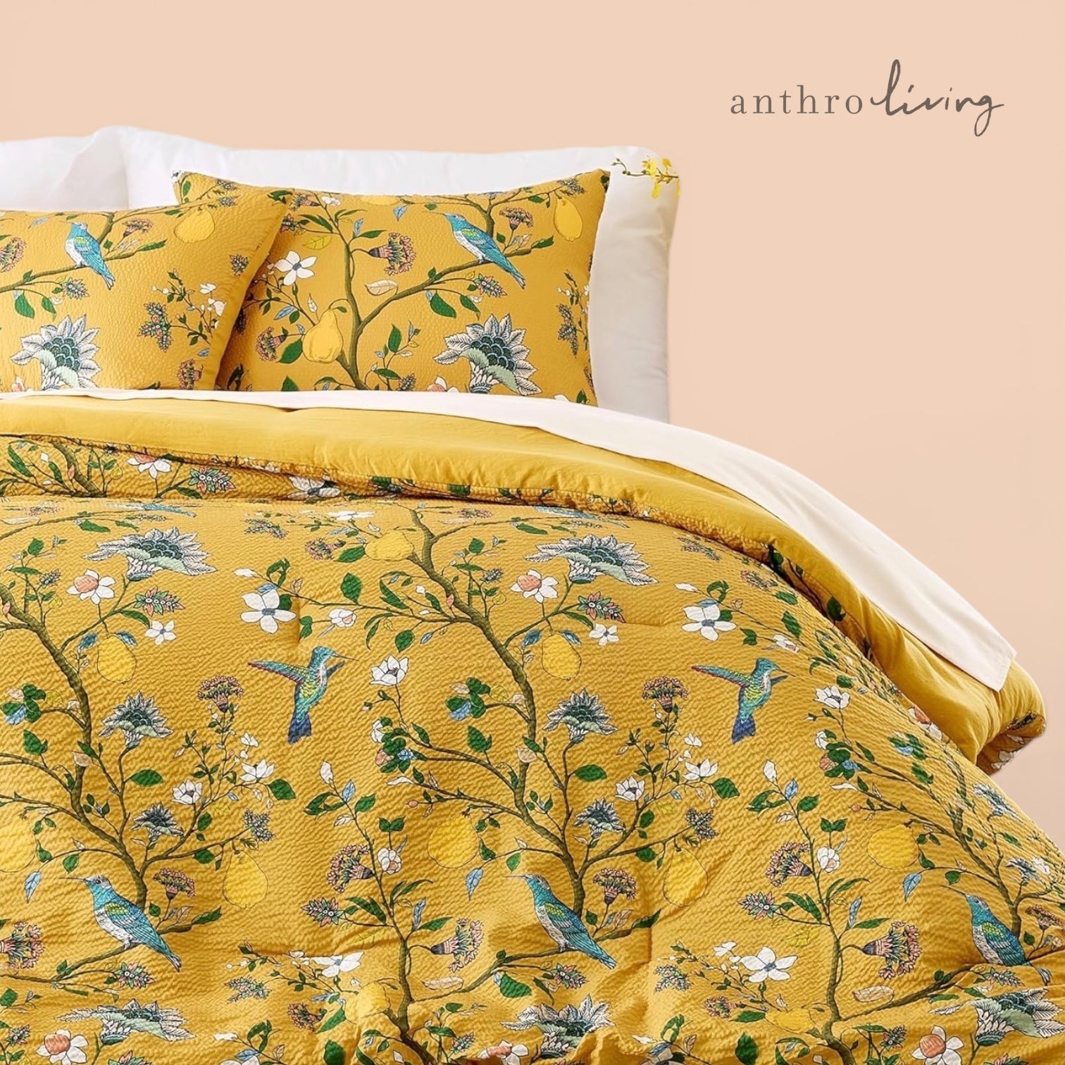 NEW Anthro Yellow Seersucker Floral Queen King Boho Comforter Bedding Sham Set