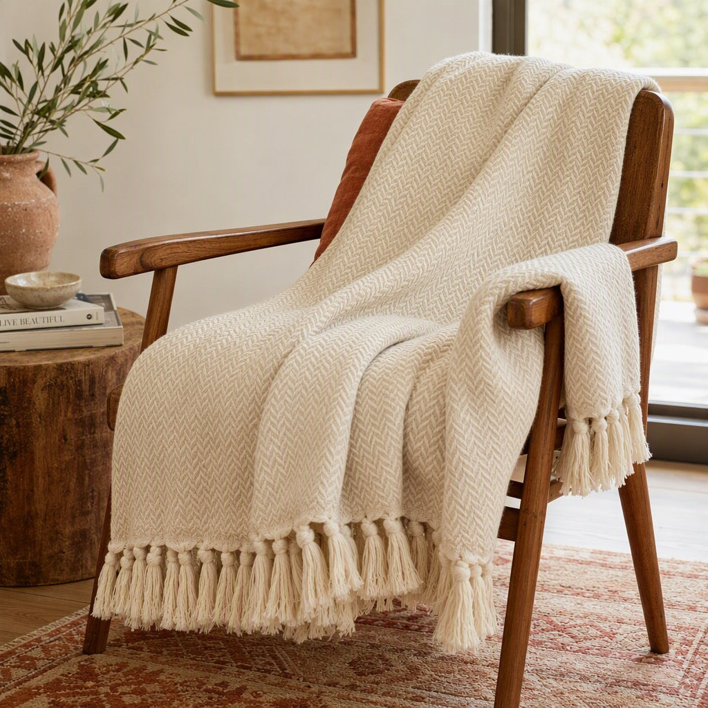 NEW West Elm Boho Beige White Turkish Cotton Tassel Throw Blanket - 60" x 50"