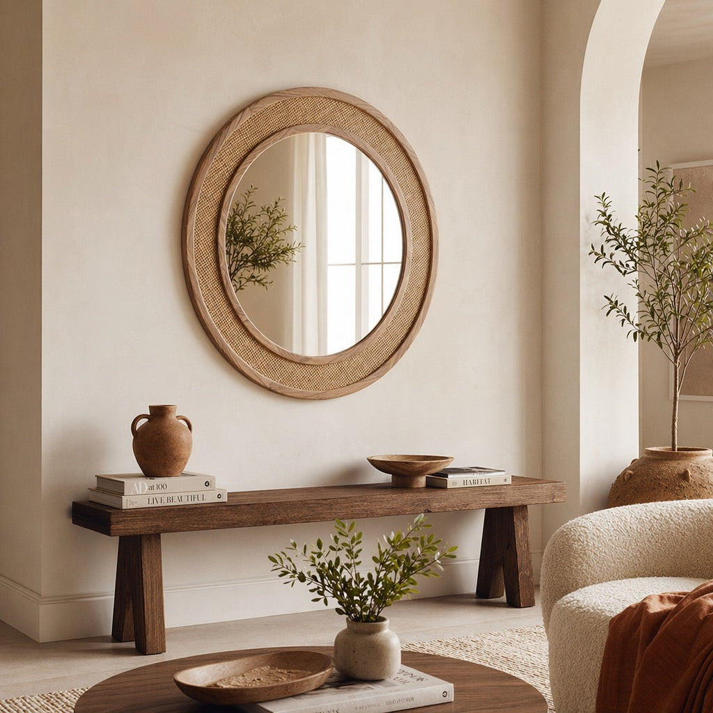NEW West Elm Large Round Mirror Wicker Rattan Boho Wall Hanging Decor - 24” Diam
