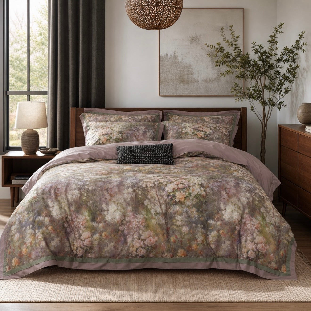 NEW Anthropologie Blush Pink Silk Floral Cotton Queen / King Bedding Duvet & Sham Set