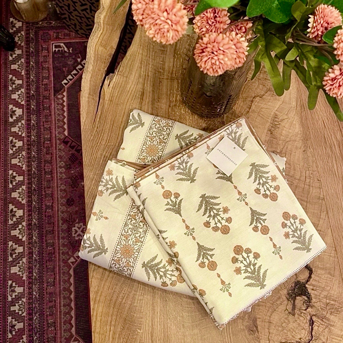 NEW Anthropologie White & Coral Boho Cotton Floral Retro Bedding Duvet Sham Set