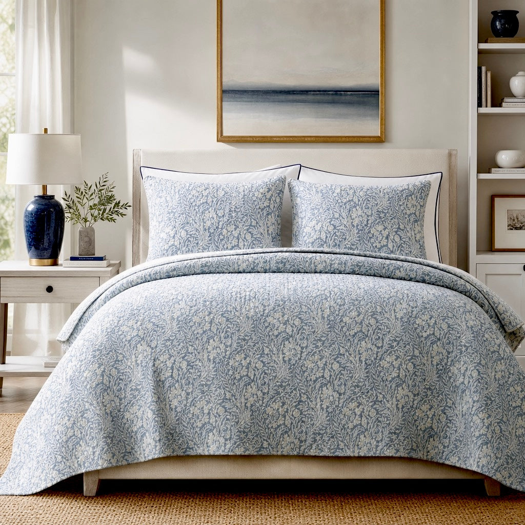 NEW West Elm Blue Botanical Boho Print Queen / King Bedding Quilt & Sham Set