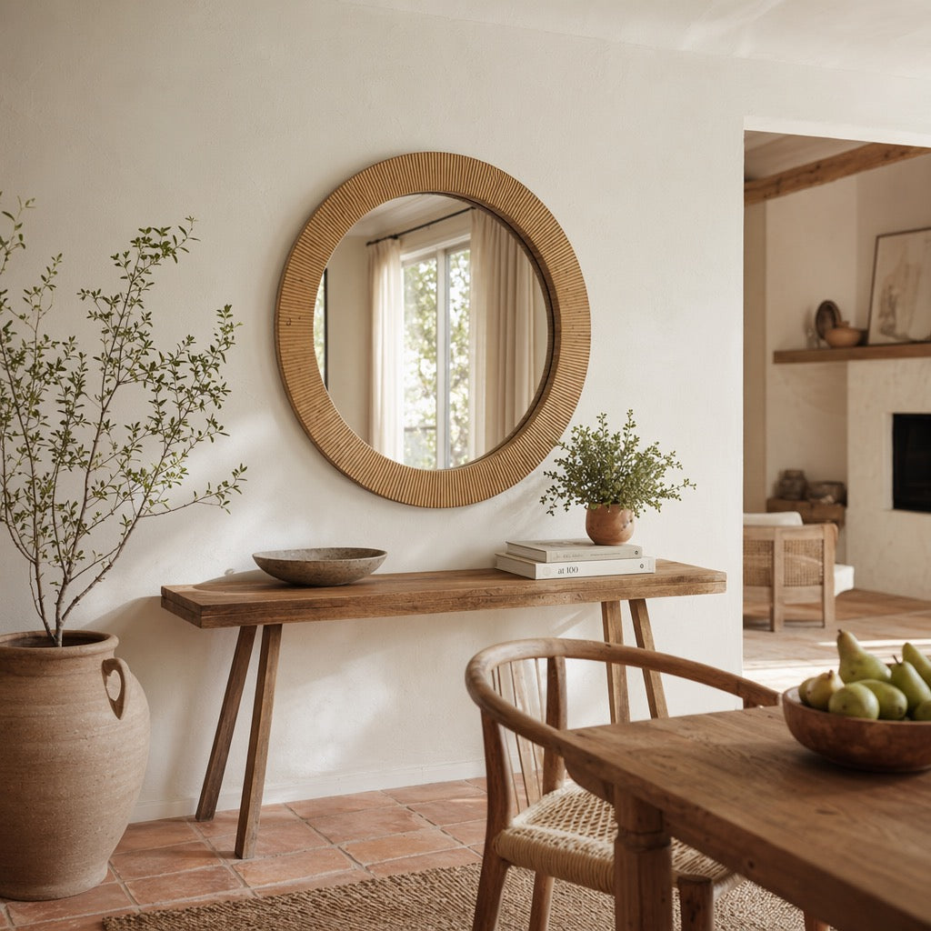 NEW West Elm Large Round Mirror Wicker Wood Boho Wall Hanging Decor - 24” Diam