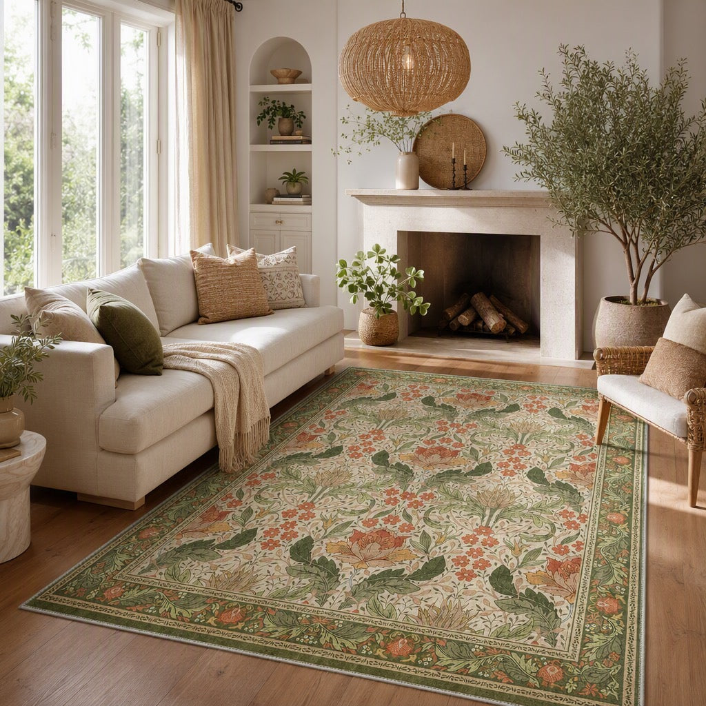 NEW Anthropologie Green Orange Floral Vintage Washable Area Rug Carpet - 5' x 7'