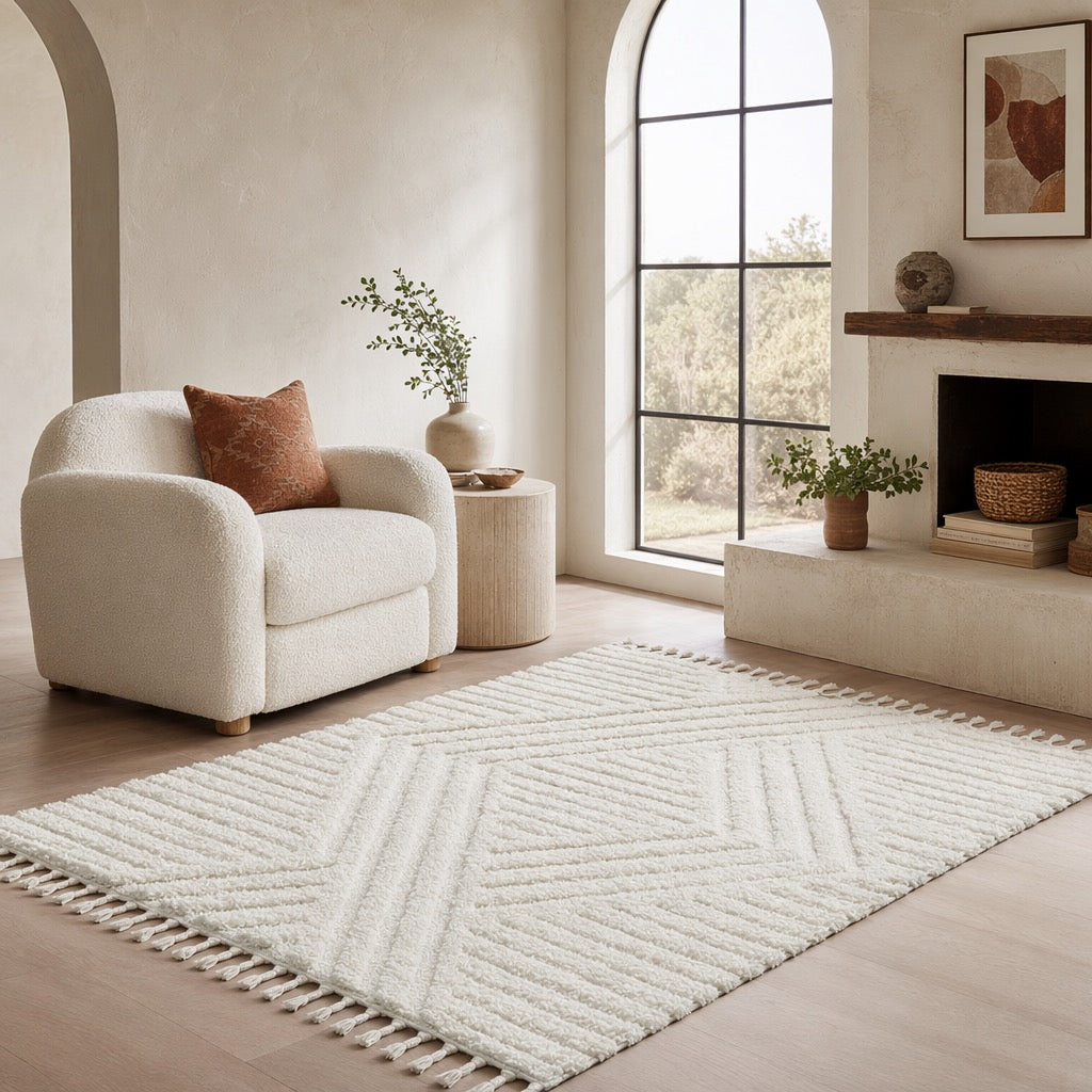 NEW West Elm White Cream Boho Tassel Geometric Shag Area Rug Carpet - 4' x 6'