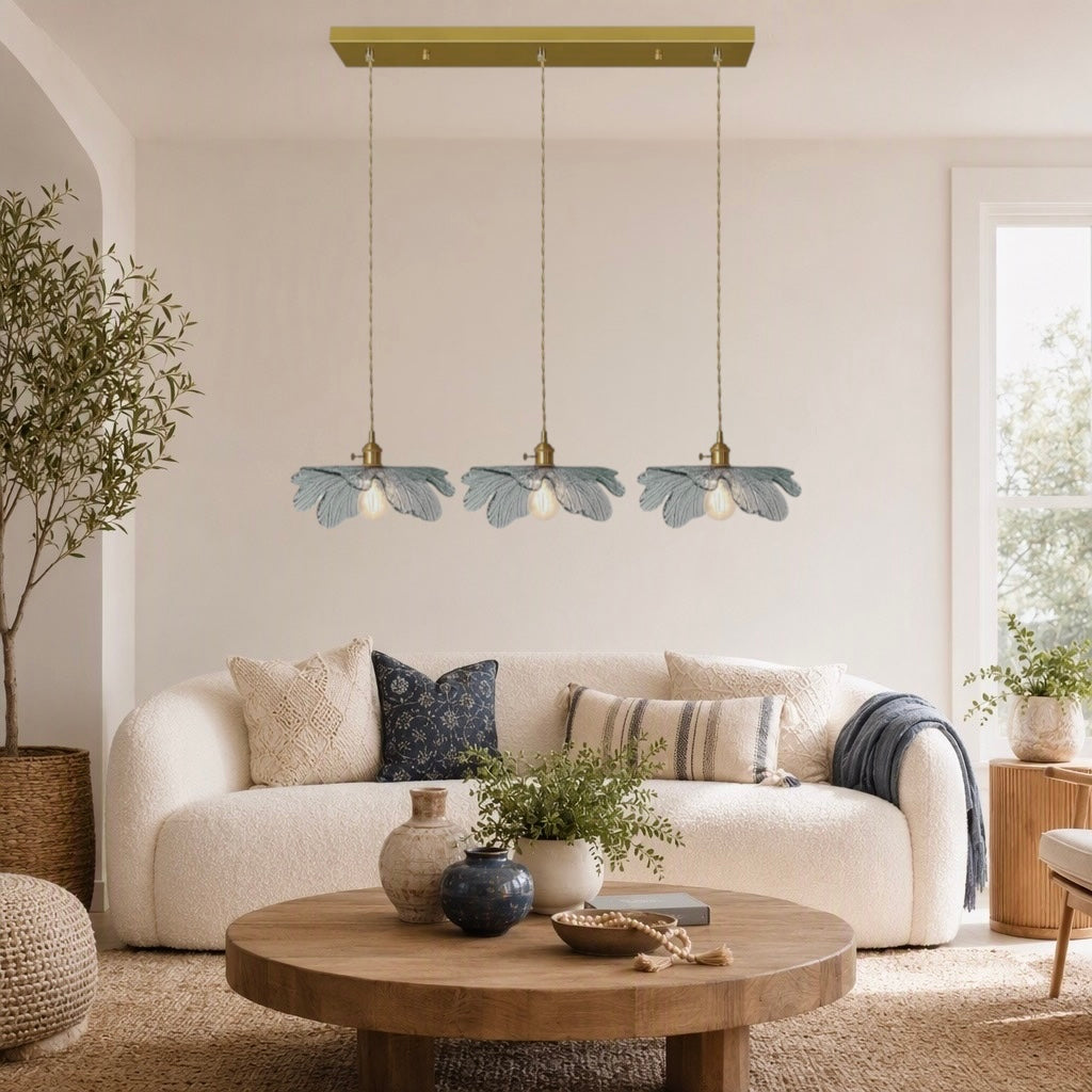 NEW Anthropologie 3-Light Blue Gold & Blue Glass Floral Light Fixture Chandelier