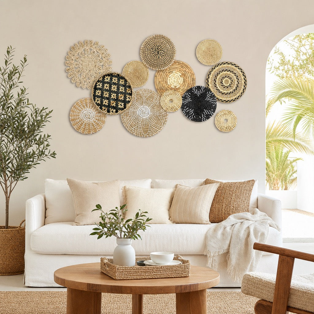 NEW West Elm XL Woven Wicker Rattan Seagrass Boho Wall Hanging Baskets Set / 13