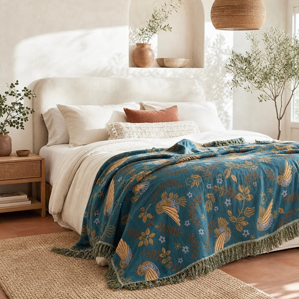 NEW Anthropologie Teal Reversible Boho Bird Blanket Bedspread Quilt 80" x 60"