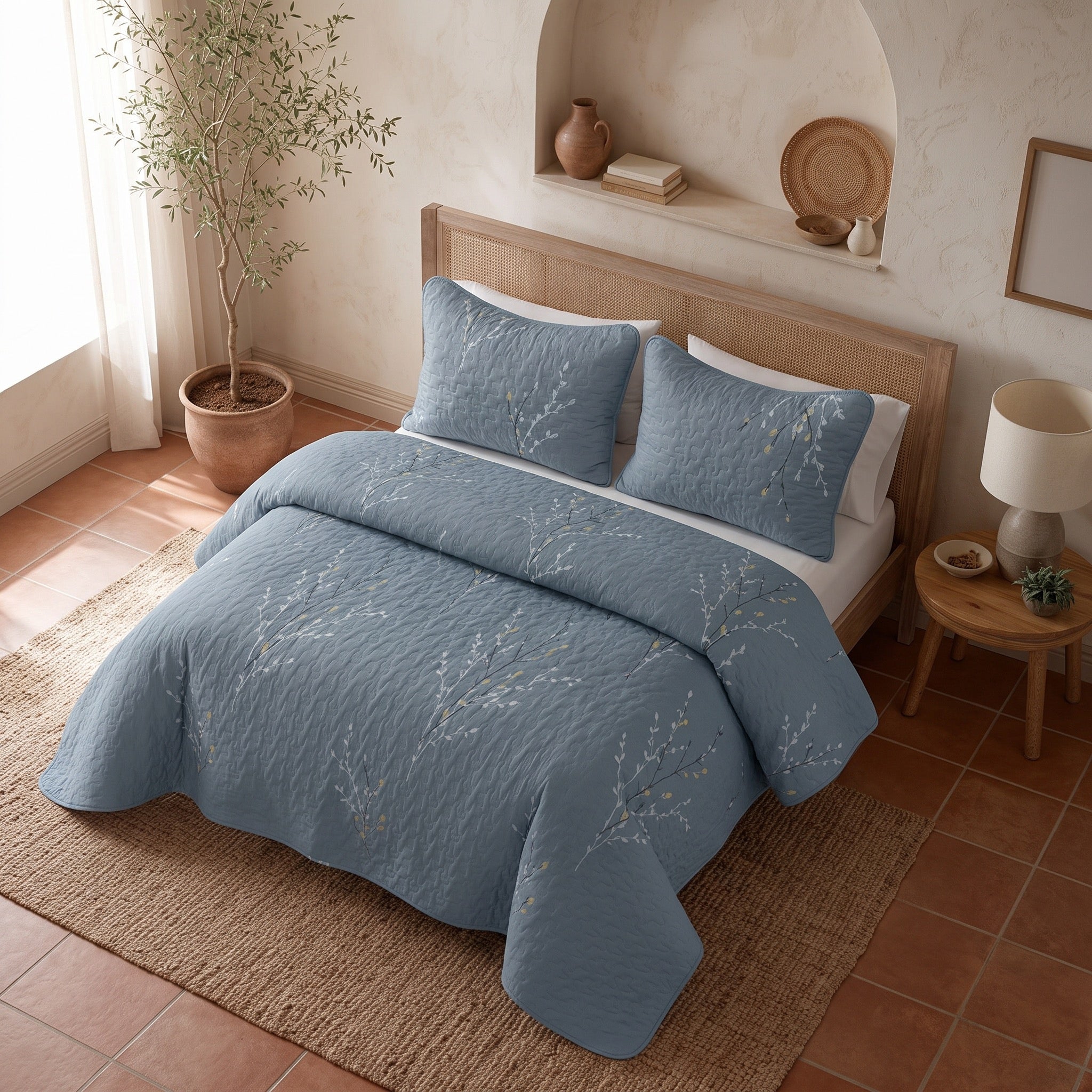 NEW West Elm Blue King Size Floral Embroidered Bedspread Quilt Pillow Case Set