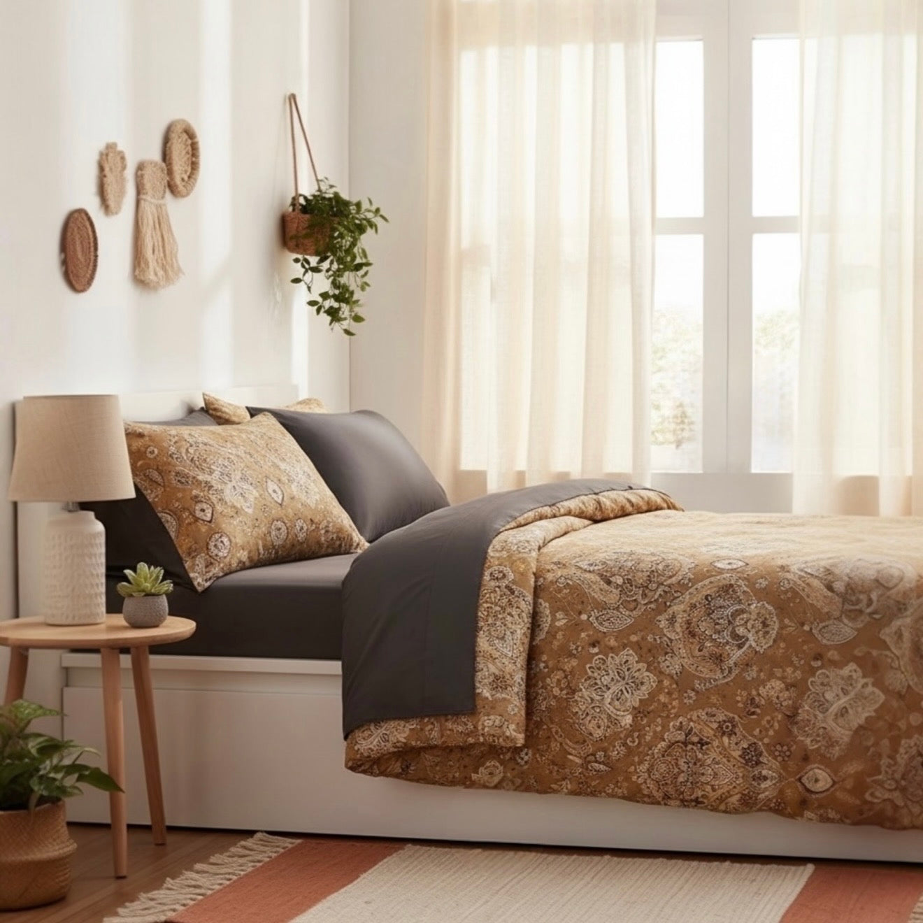 NEW West Elm Beige Floral Orange Paisley Queen / King Bedding Duvet & Sham Set