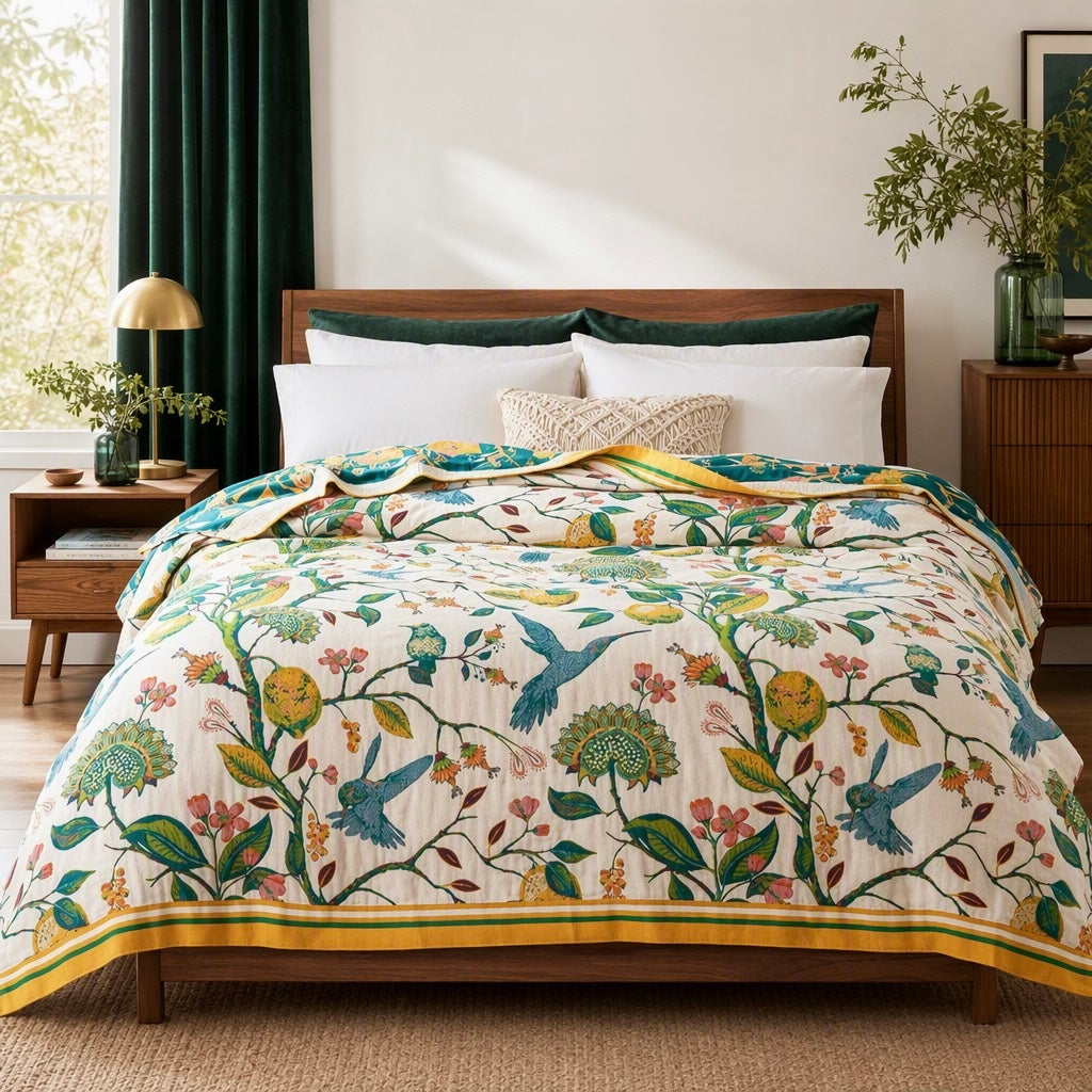 NEW Anthropologie Boho Bird Orange Blue Queen Blanket Bedspread Quilt 80" x 90"