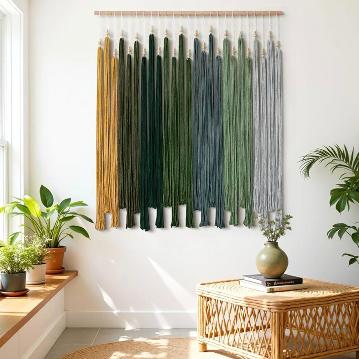 NEW Anthropologie XL Green Boho Tapestry Macrame Dyed Yarn Wall Hanging 40 x 45