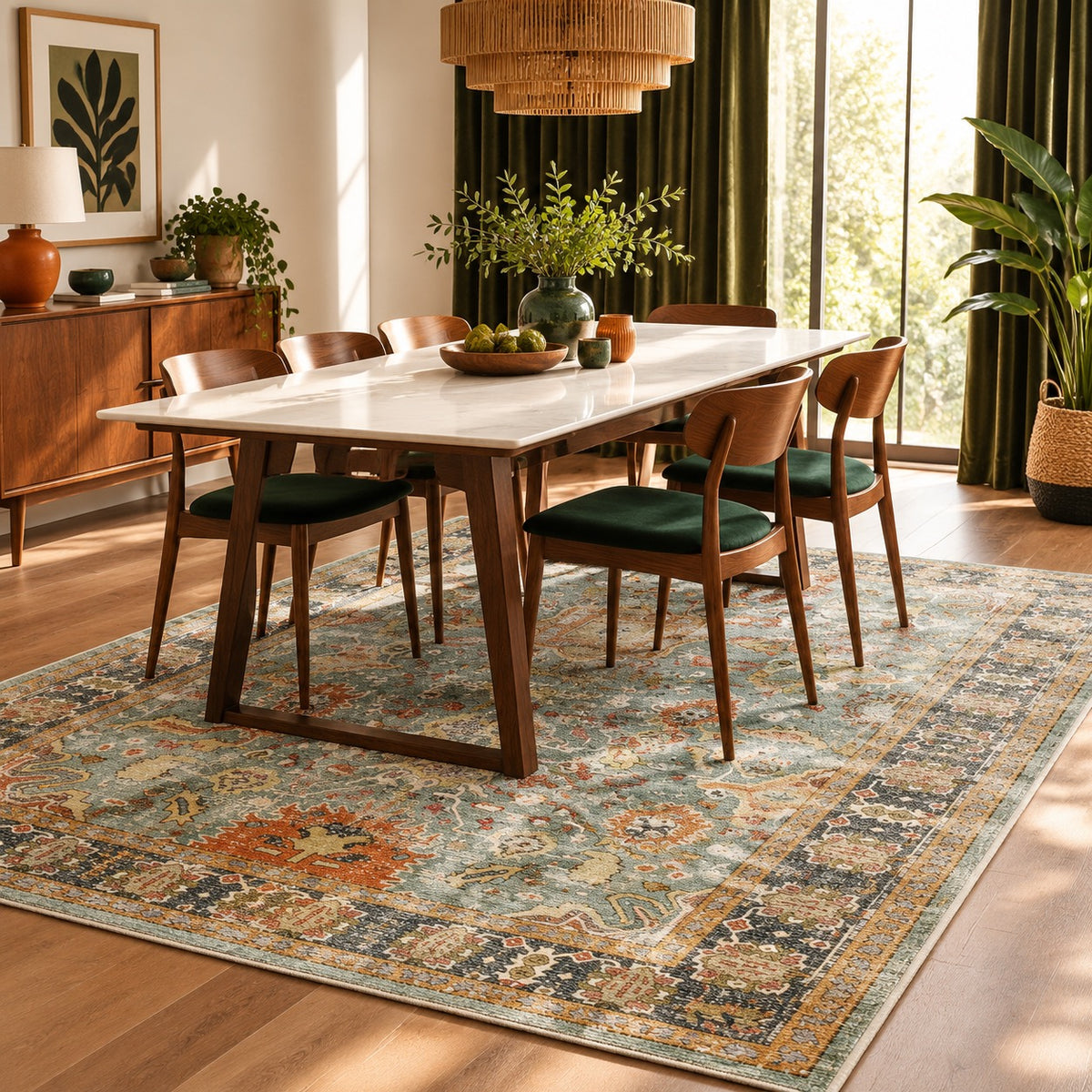 Blue Moroccan floral boho area rug with intricate patterns under a mid-century modern dining set with velvet green chairs.