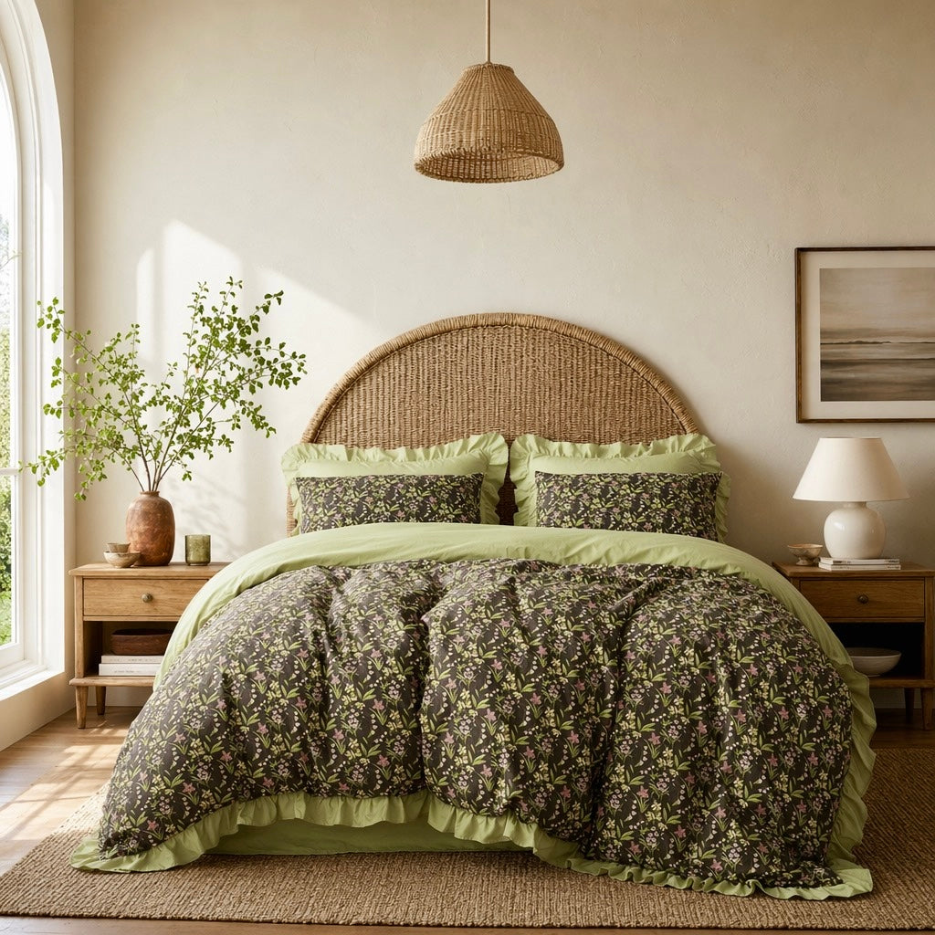 NEW Anthro Green Ruffle Floral Cotton Boho Queen / King Bedding Duvet & Sham Set