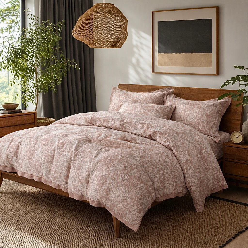 NEW Anthropologie Pink Floral Cotton Boho Queen / King Bedding Duvet & Sham Set
