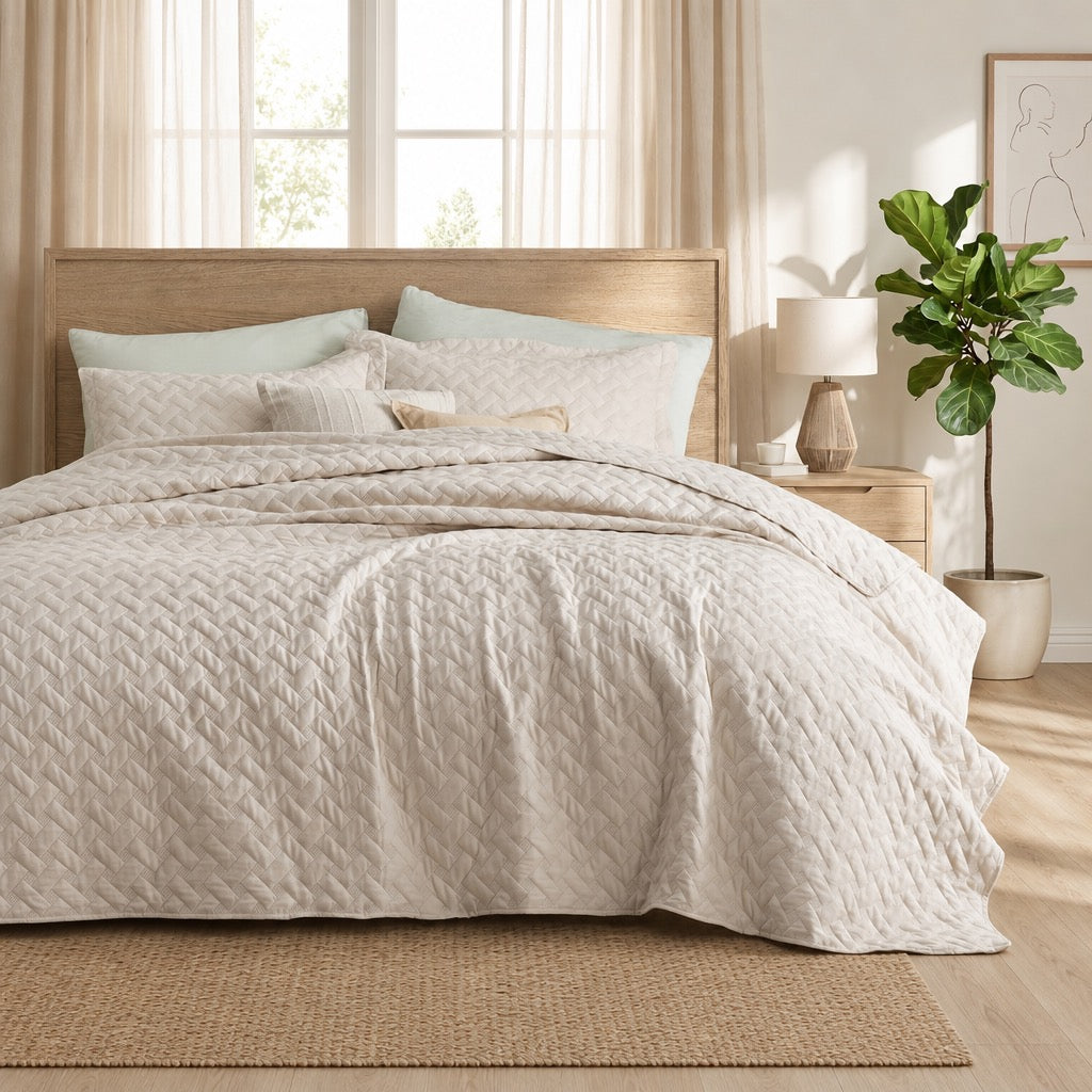 NEW Anthropologie Beige Boho Chevron Quilted Bedding Quilt & Sham Set - Queen