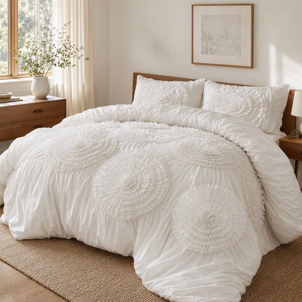 NEW Anthropologie Ivory Floral Tufts Queen King Boho Comforter Bedding Sham Set