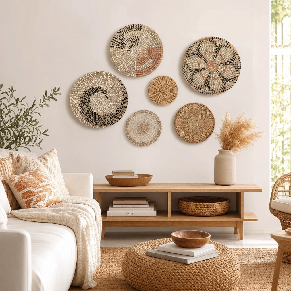 NEW West Elm XL Woven Wicker Rattan Seagrass Boho Wall Hanging Baskets - Set / 6