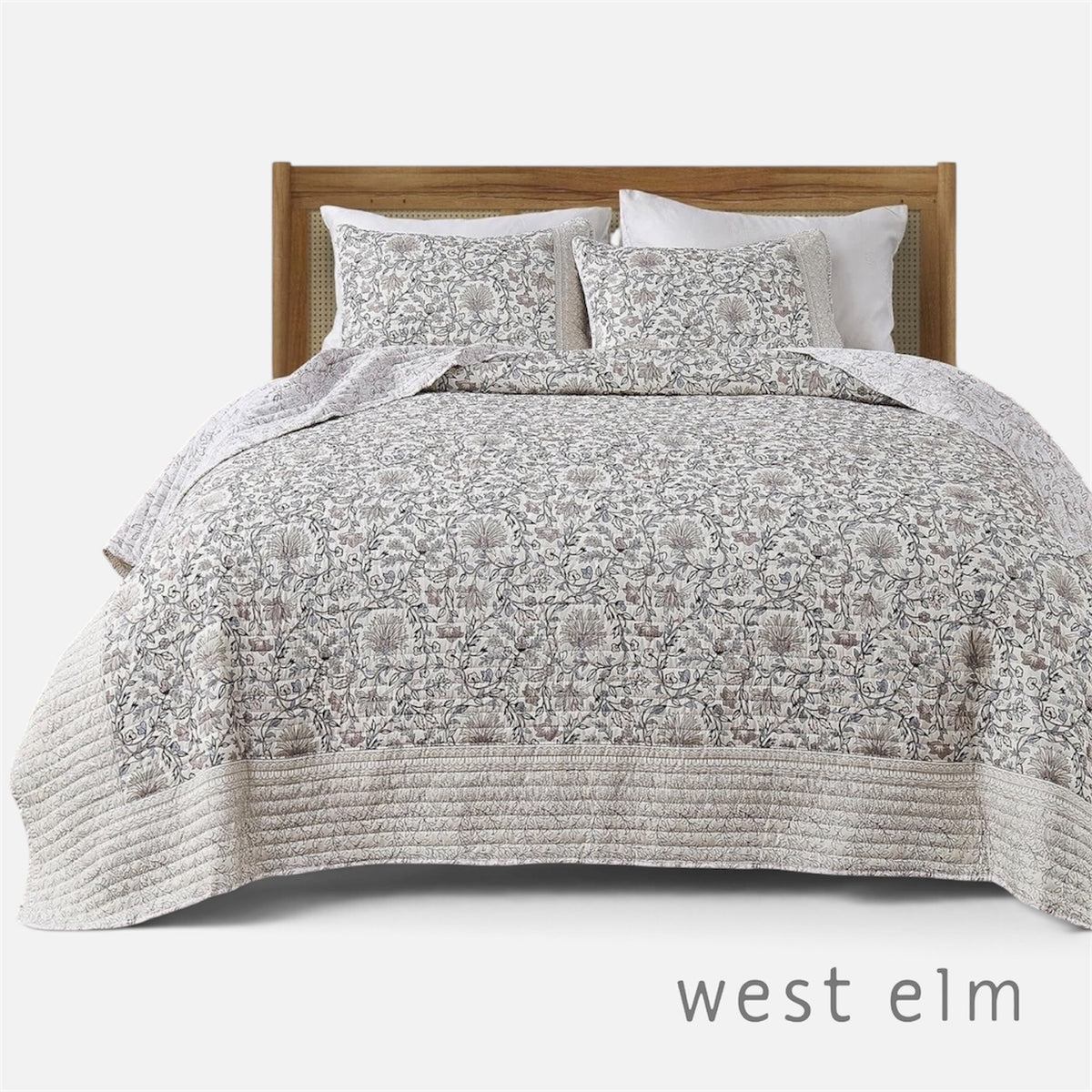 NEW West Elm Blue White Botanical Reversible Queen King Bedding Quilt & Sham Set