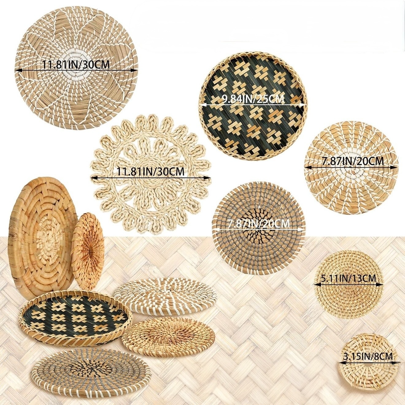 NEW West Elm XL Woven Wicker Rattan Seagrass Boho Wall Hanging Baskets Set / 13