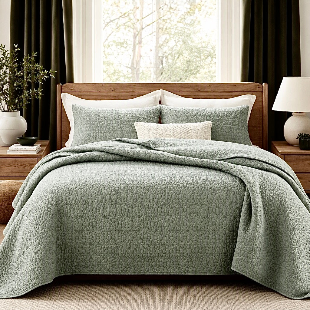 NEW West Elm Green Stone Print Ultra Soft Queen King Bedding Bedspread Sham Set