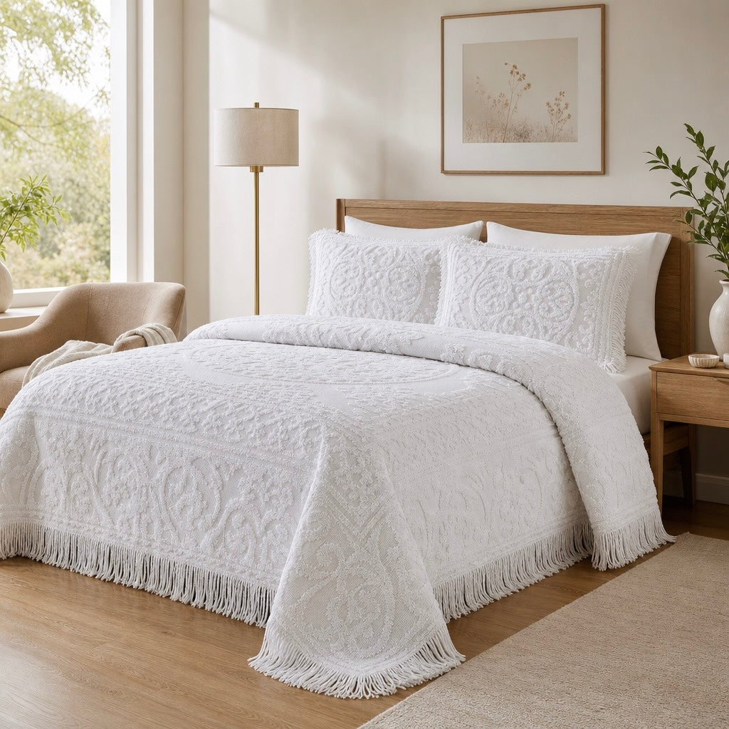 NEW Anthropologie White Chenille Damask Fringe Cotton Bedspread Blanket Sham Set