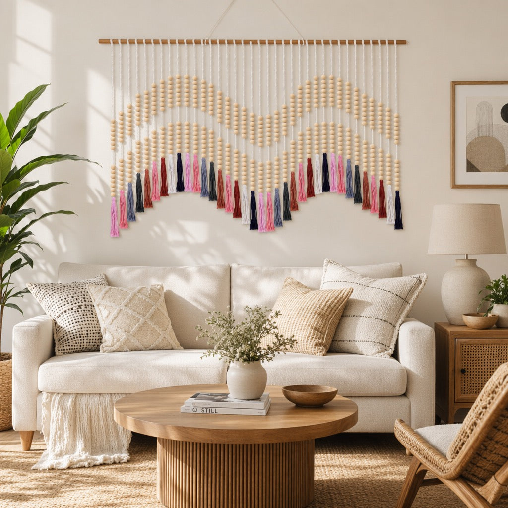 NEW Anthropologie XL Colorful Tapestry Beaded Tassel Macrame Wall Hanging 70x35