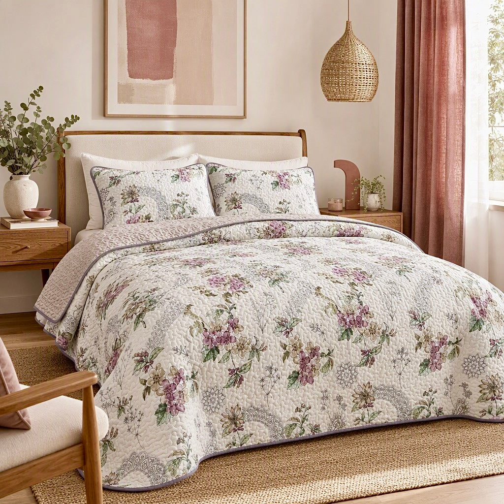 NEW Anthropologie Vintage Floral Reversible Quilt Bedspread Bedding & Sham Set