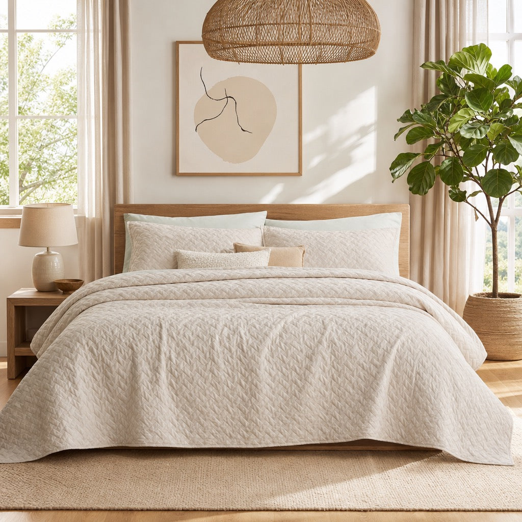 NEW Anthropologie Beige Boho Chevron Quilted Bedding Quilt & Sham Set - Queen / King