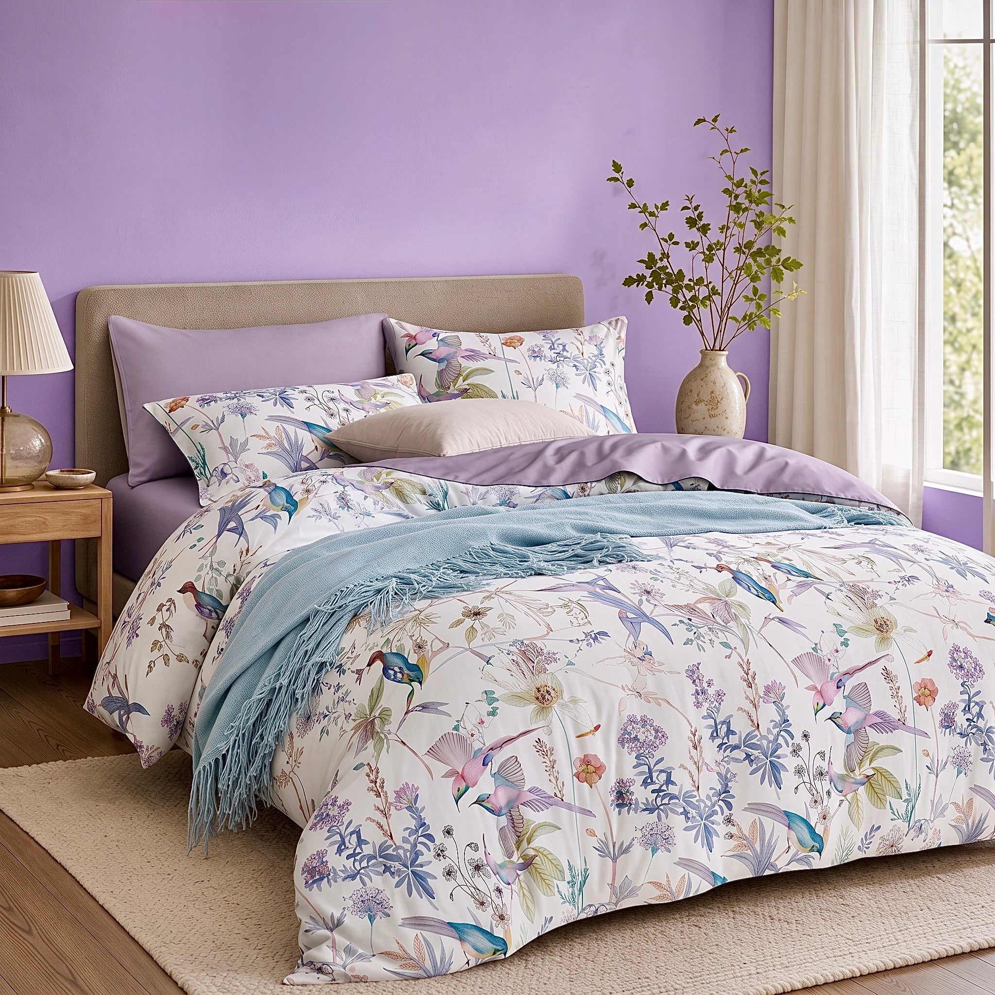 NEW Anthropologie Purple Floral Bird Cotton Queen / King Bedding Duvet Sham Set
