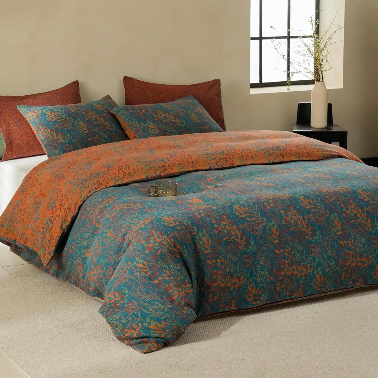 NEW Anthropologie Orange Teal Botanical Cotton Queen King Bedding Duvet Sham Set