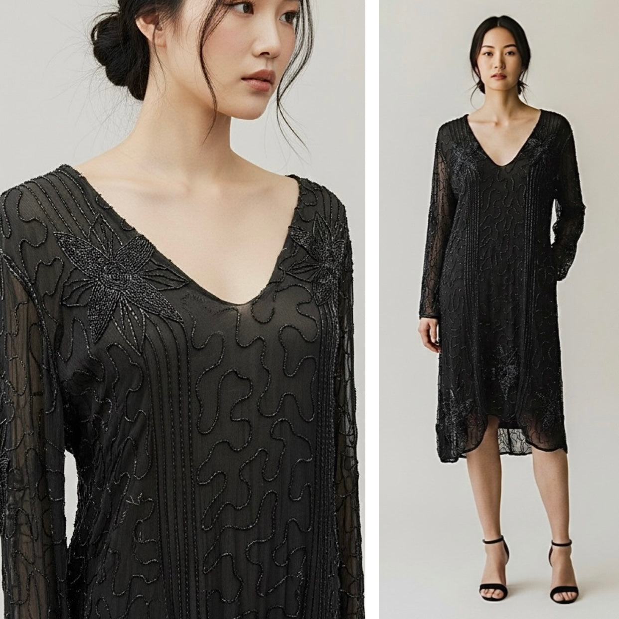 Vintage Saks Fifth Avenue Black Floral Beaded Sheer Tunic Sheath Dress - Large