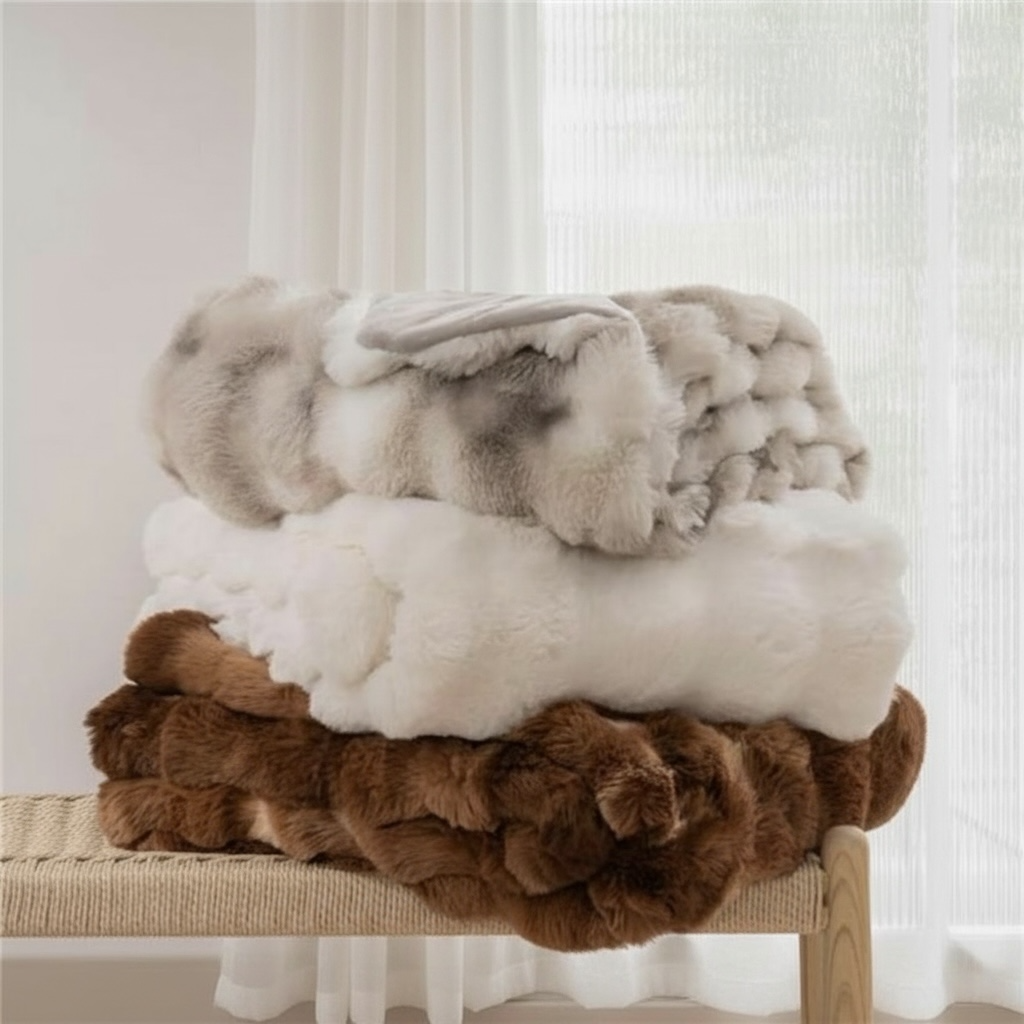 NEW West Elm Boho Ivory Faux Rabbit Fur Plush Throw Blanket Bedding - 50" x 60"