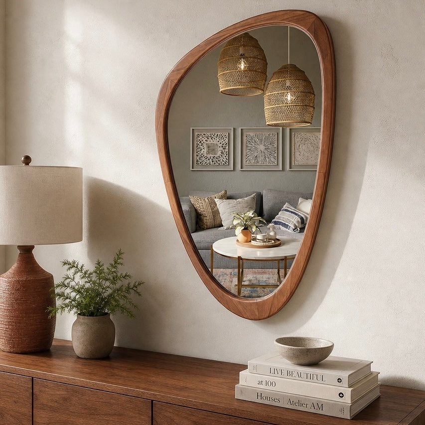 NEW West Elm Large Wood Frame Asymmetrical Wall Hanging Abstract Mirror 20 x 30