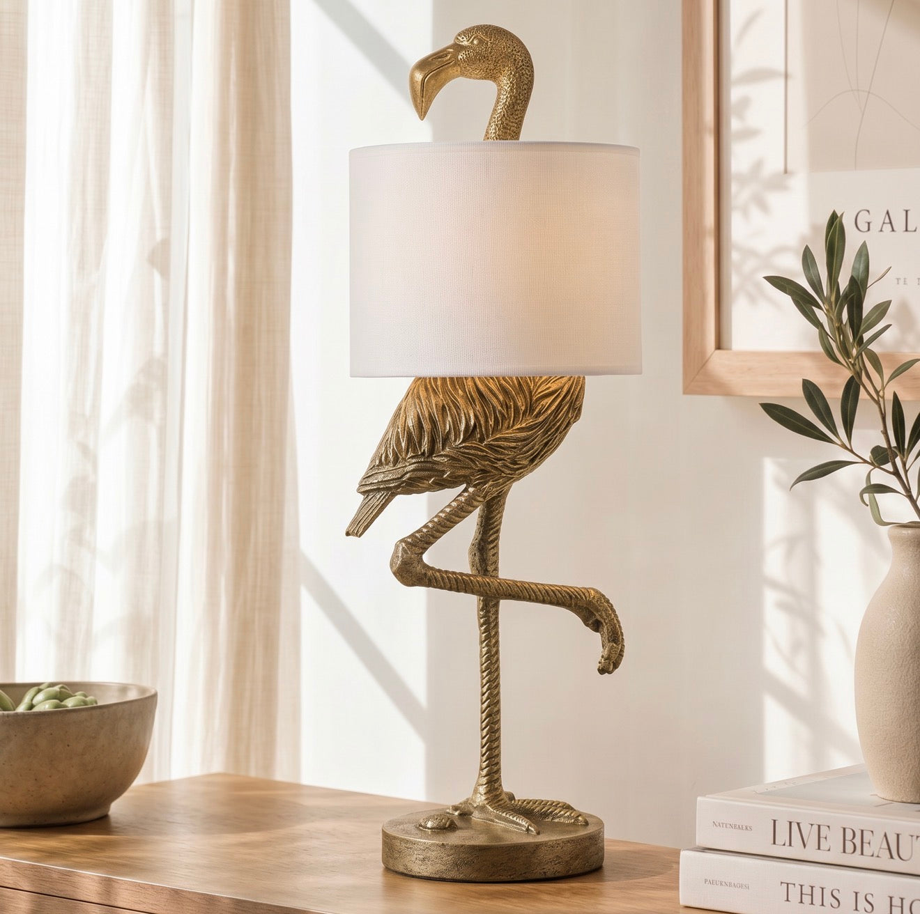 NEW Anthropologie Large Gold Boho Flamingo Table Lamp Lighting Art Deco Set 32"