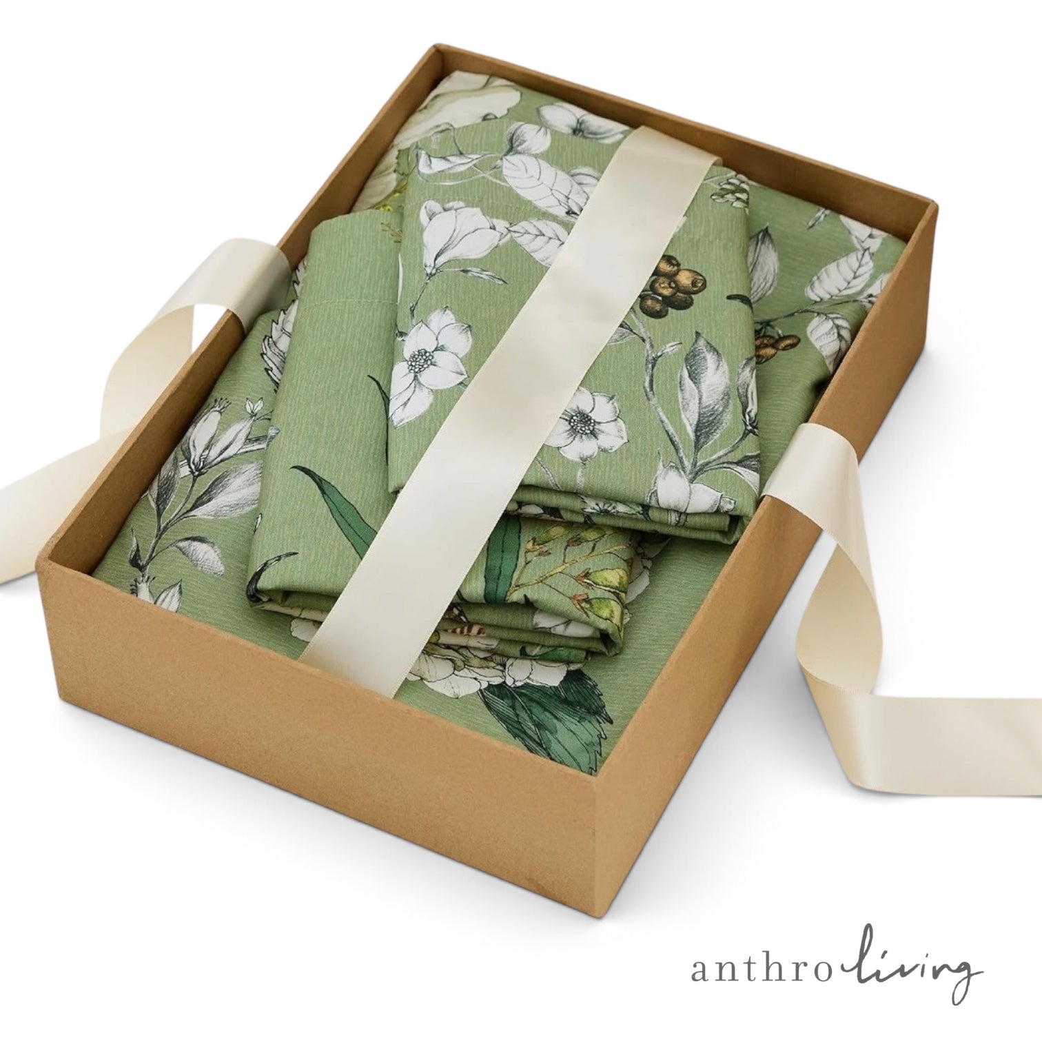 NEW Anthropologie Vintage Green Floral Bird Queen King Duvet Bedding & Sham Set