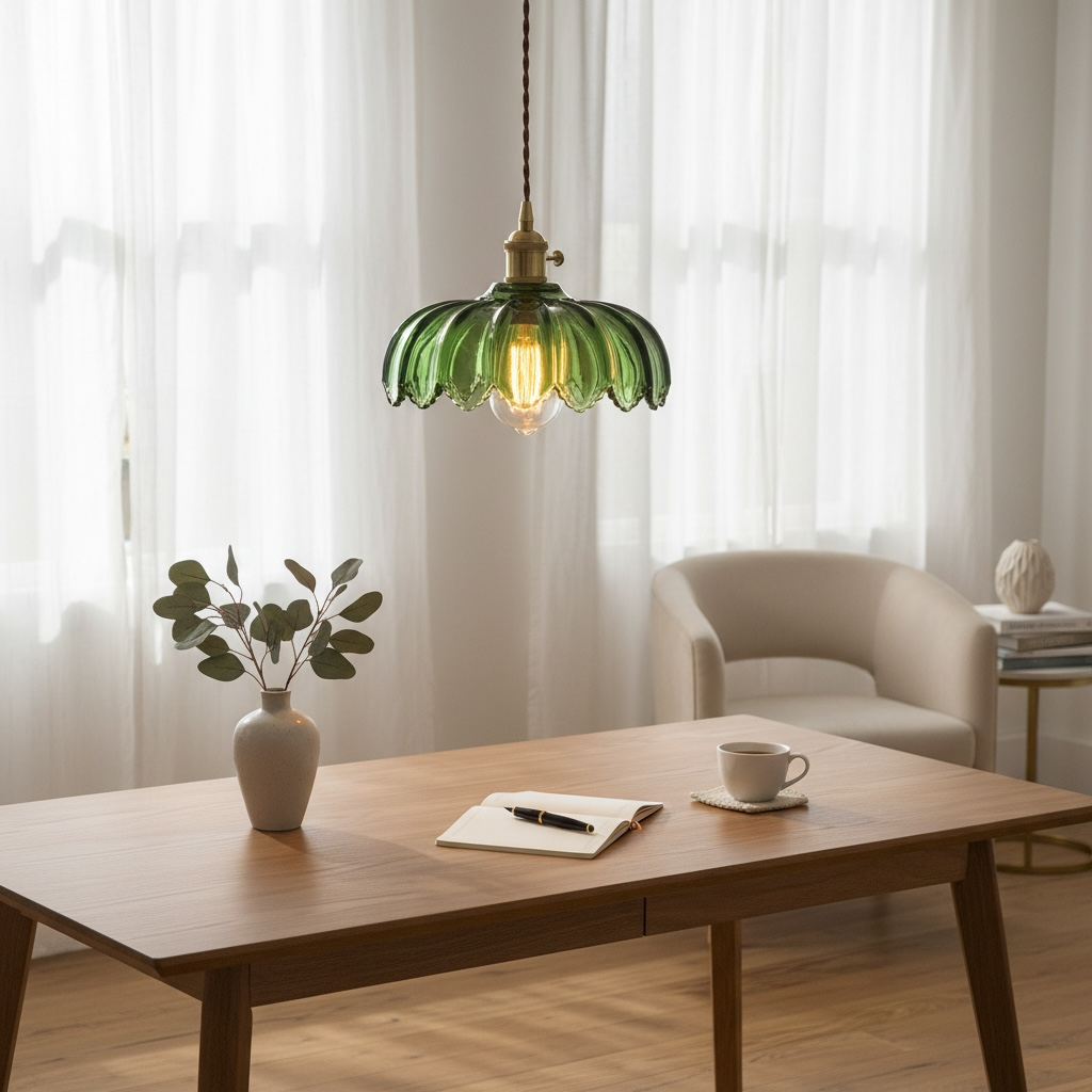 NEW West Elm Vintage Green Glass Hanging Gold Floral Pendant Light Fixture